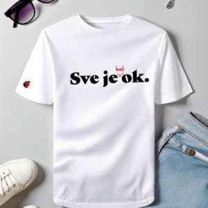 Bijela pamučna majica s natpisom "Sve je baš ok.", gdje je riječ "baš" naglašena crvenom bojom, a iznad slova "o" nalazi se mala ilustracija bubamare. Majica je postavljena na ravnu površinu uz modne dodatke – crne sunčane naočale s ljubičastim staklima, srebrnu ogrlicu, svijetloplave traperice i bijele tenisice.